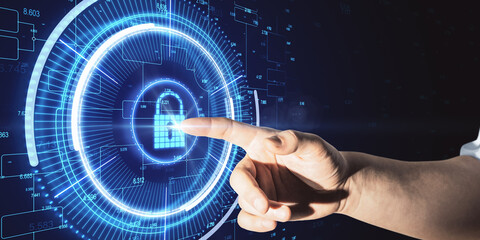 Aufkleber - Cyber protection concept with man finger on touch screen with digital lock sign on statistic numbers background.