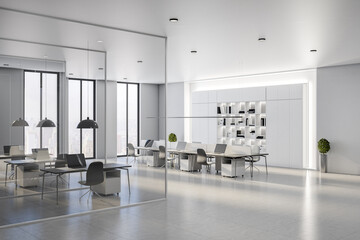 Aufkleber - Modern spacious coworking office hall with stylish interior design, light walls, glossy floor, huge windows, white furniture and transparent partitions