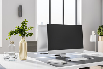 Black modern computer monitor on white table with keyboard, bottle of water, golden color vase with plants on stylish interior design office furniture. 3D rendering, mock up