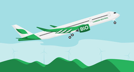 Airplane on biofuel. Carbon neutral transportation concept. Vector illustration