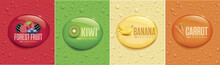 Many Fresh Drops On Different Backgrounds With Kiwi, Banana, Carrot, Forest Fruits	