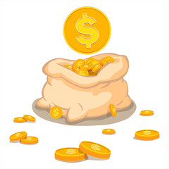 Cartoon cash. Rich gold coins and pay. Cash bag. Wealth savings or investment.