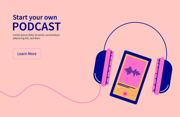 Lay out of headphones with a phone playing a podcast