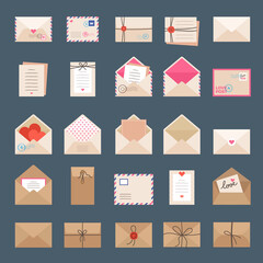 Poster - Envelopes and letters. Mail signs labels greeting cards romantic stamps stickers recent vector illustrations set