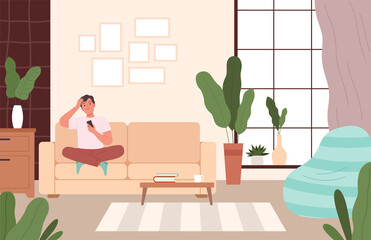 Sticker - Man on couch relax. Person seating in comfortable living room leisure in different poses on sofa dreaming and resting nowaday vector cartoon background