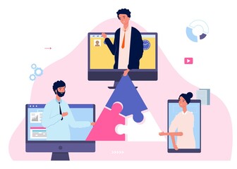 Poster - cooperation concept. remote business, distance effective teamwork. office people on screen collect p