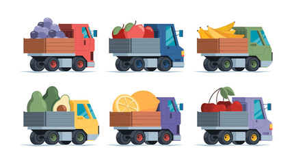 Sticker - Fruits delivery. Vans green natural products fruits and vegetables delivery to retail urban marketplaces garish vector flat vehicles collection