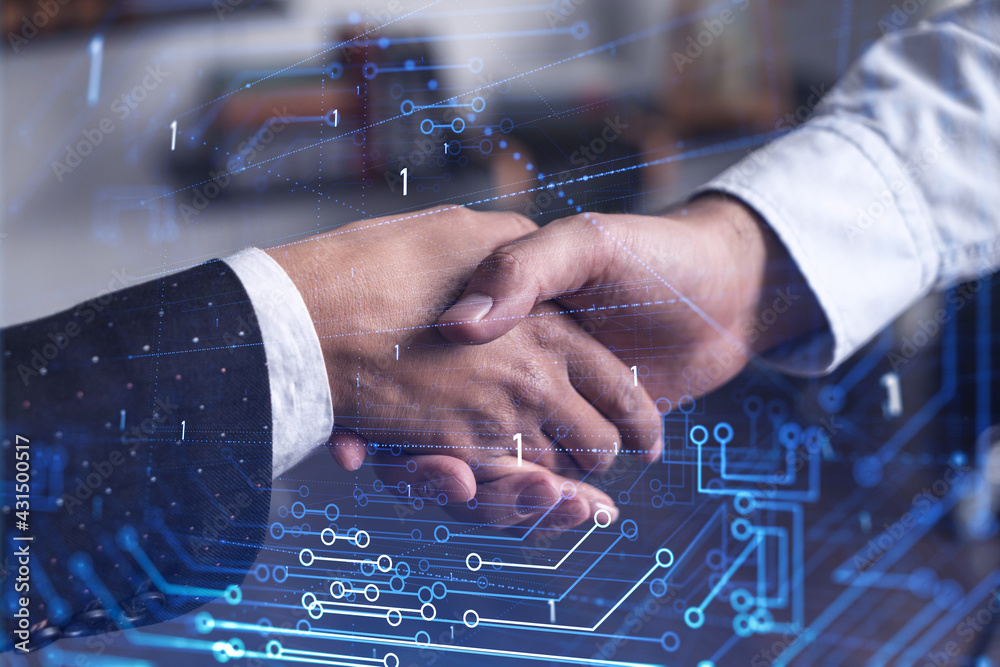 Software Handshaking Handshake of two businesspeople as agreement concept to develop a new ...