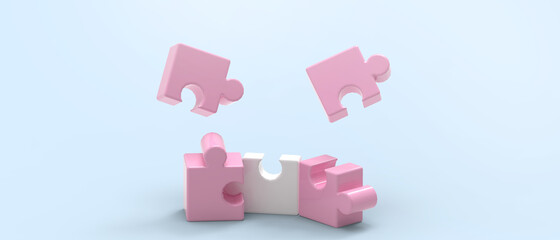 Wall Mural - Abstract idea Cooperate Business concept and Close up Pink Jigsaw Creative Concept on Blue. copy space, Minimal style, digital, banner, website -3d Rendering