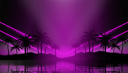 Wall Mural - Beach party empty scene background. Tropical palms against the background of neon glow, reflection on the water, laser show. 3d illustration