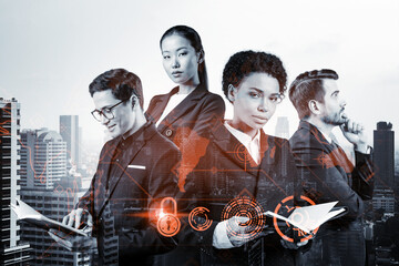 Poster - Group of business colleagues as a part of multinational corporate team working on project to protect clients information at cybersecurity compliance division. IT lock icons over Bangkok