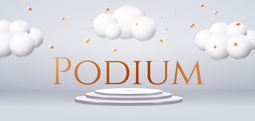 Wall Mural - 3d realistic white round podium with soft light, spheres and clouds. circle showcase. product displa