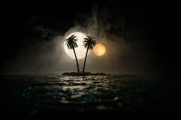 Wall Mural - Futuristic night landscape with abstract landscape and island, moonlight, shine. Dark natural scene with reflection of light in the water, neon blue light. Dark neon circle background. Pyramids