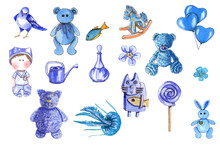A Set Of Drawings In Blue Watercolors. Various Objects, Flowers And Animals