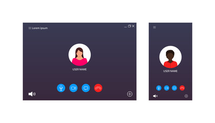 Poster - Video call ui for conference. Screen interface of chat, webinar, meeting. Template of online videocall with avatar, button for mobile, computer, laptop. Mockup for lecture, lesson, learning. Vector