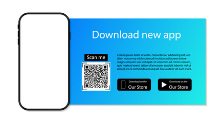 Download app to phone from store. Qr code for download of application. Advertising of smartphone app. Scan code, click button, upload and payment. Mockup of mobile on website. Elegant banner. Vector