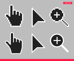 Leinwandbilder - Black and white arrow, hand and magnifier non pixel mouse cursor icons vector illustration set flat style design isolated on gray background.