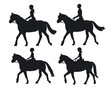 Man woman boy and girl silhouettes riding horses. Family, Couple and chirdren horseback training vector illustration