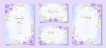 Set Of Wedding Invitation Template With Beautiful Purple Blooming Roses Design