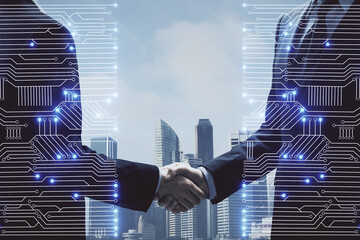 Double exposure of tech hologram and handshake of two men. Deal concept.