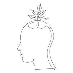 Poster - Plant leaves in Human head in one line drawing. Concept of ecology idea, clean mind, self development and successful mindset. Vector illustration