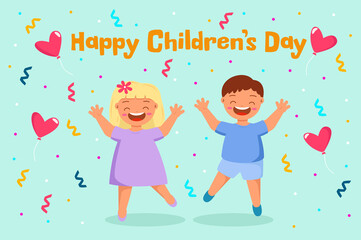 Happy children's day for special event celebration. Two happy children. Boy and Girl are happy. Vector illustration. EPS10. 