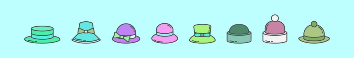 Sticker - set of bonnet and hat cartoon icon design template with various models. vector illustration isolated on blue background