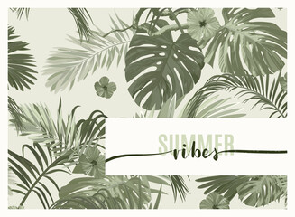 Wall Mural - Vintage monochrome pale plive tropical design with exotic monstera and royal palm leaves and hibiscus flowers. Vector illustration.
