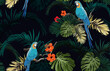 Dark tropical seamless pattern with exotic monstera and royal palm leaves, hibiscus flowers, blue macaws and branches. Vector illustration.