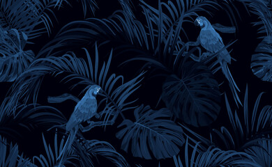 Dark blue monochrome tropical seamless pattern with exotic monstera and royal palm leaves, blue macaws and branches. Vector illustration.