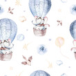 © kris_art - Watercolor blue illustration of a cute animal safary elephant and fancy sky scene complete with airplanes and balloons, clouds. Baby Boy and girl pattern. baby shower