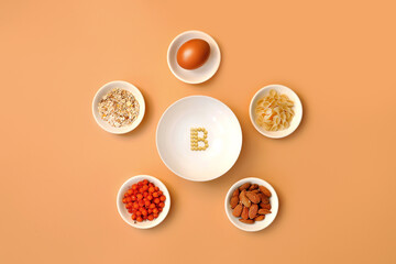 Foods that contain vitamin B: eggs, nuts, pasta, sea buckthorn, cereals