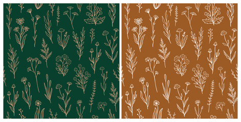 Wall Mural - Wildflower seamless pattern set with outline florals. Retro style print design collection with hand drawn flowers in rustic colors. Simple field floral patterns for packaging, fabric design