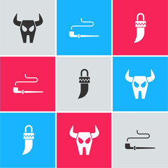 Wall Mural - Set Buffalo skull, Smoking pipe and Tooth icon. Vector