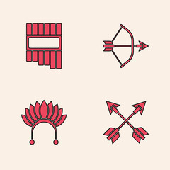 Canvas Print - Set Crossed arrows, Pan flute, Bow and in quiver and Indian headdress with feathers icon. Vector