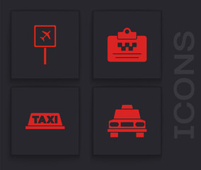 Poster - Set Taxi car, Airport, driver license and roof icon. Vector