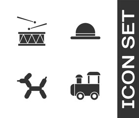 Sticker - Set Toy train, Drum with drum sticks, Balloon dog and Clown hat icon. Vector