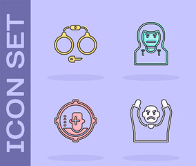 Poster - Set Thief surrendering hands up, Handcuffs, Headshot and mask icon. Vector