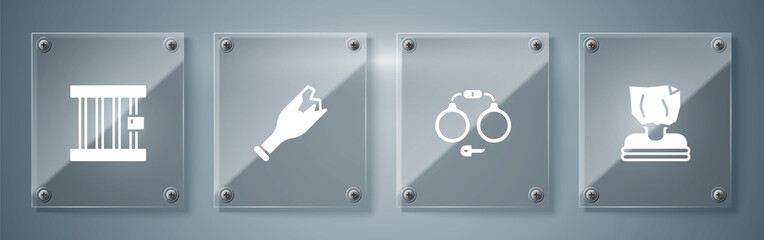 Poster - Set Kidnaping, Handcuffs, Broken bottle as weapon and Prison window. Square glass panels. Vector