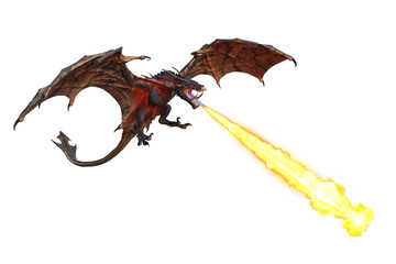 Wall Mural - 3D illustration of a flying green dragon or wyvern breathing fire downwards isolated on white.