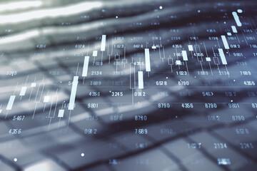 Poster - Double exposure of abstract creative statistics data hologram on shiny metal background, analytics and forecasting concept