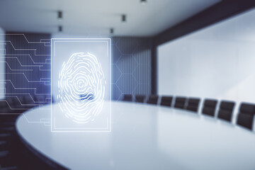Poster - Abstract virtual fingerprint hologram on a modern conference room background. Multiexposure
