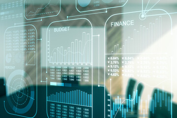 Aufkleber - Multi exposure of stats data illustration on a modern conference room background, computing and analytics concept