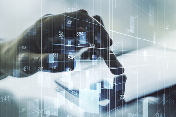 Poster - Double exposure of abstract creative statistics data hologram with finger clicks on a digital tablet on background, analytics and forecasting concept