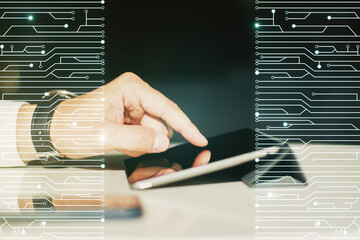 Poster - Creative abstract micro chip hologram and finger presses on a digital tablet on background, artificial intelligence and machine learning concept. Multi exposure