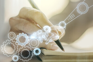 Poster - Creative concept of robotics technology and woman hand writing in notebook on background. Robot development and automation concept. Multiexposure