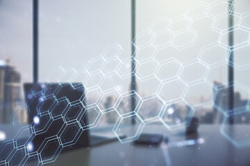 Aufkleber - Creative abstract technology sketch with hexagon grid and modern desk with computer on background, future technology and AI concept. Double exposure