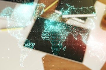 Poster - Double exposure of abstract digital world map and digital tablet on background, top view, research and strategy concept
