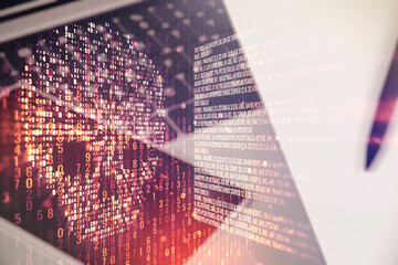 Leinwandbilder - Creative code skull hologram on modern computer background, cybercrime and hacking concept. Multiexposure