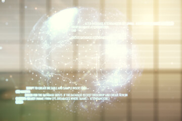 Aufkleber - Abstract virtual coding concept and world map hologram on empty corporate office background. Multiexposure